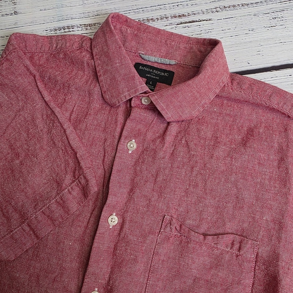 Banana Republic Shirt Mens Large Red Linen Blend Slim Fit Short Sleeve Button Up